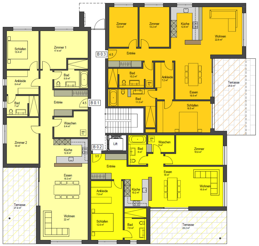 Haus B EG Übersicht WHG B 0.1; WHG B 0.2; WHG B 0.3 Haus B EG Übersicht WHG B 0.1; WHG B 0.2; WHG B 0.3