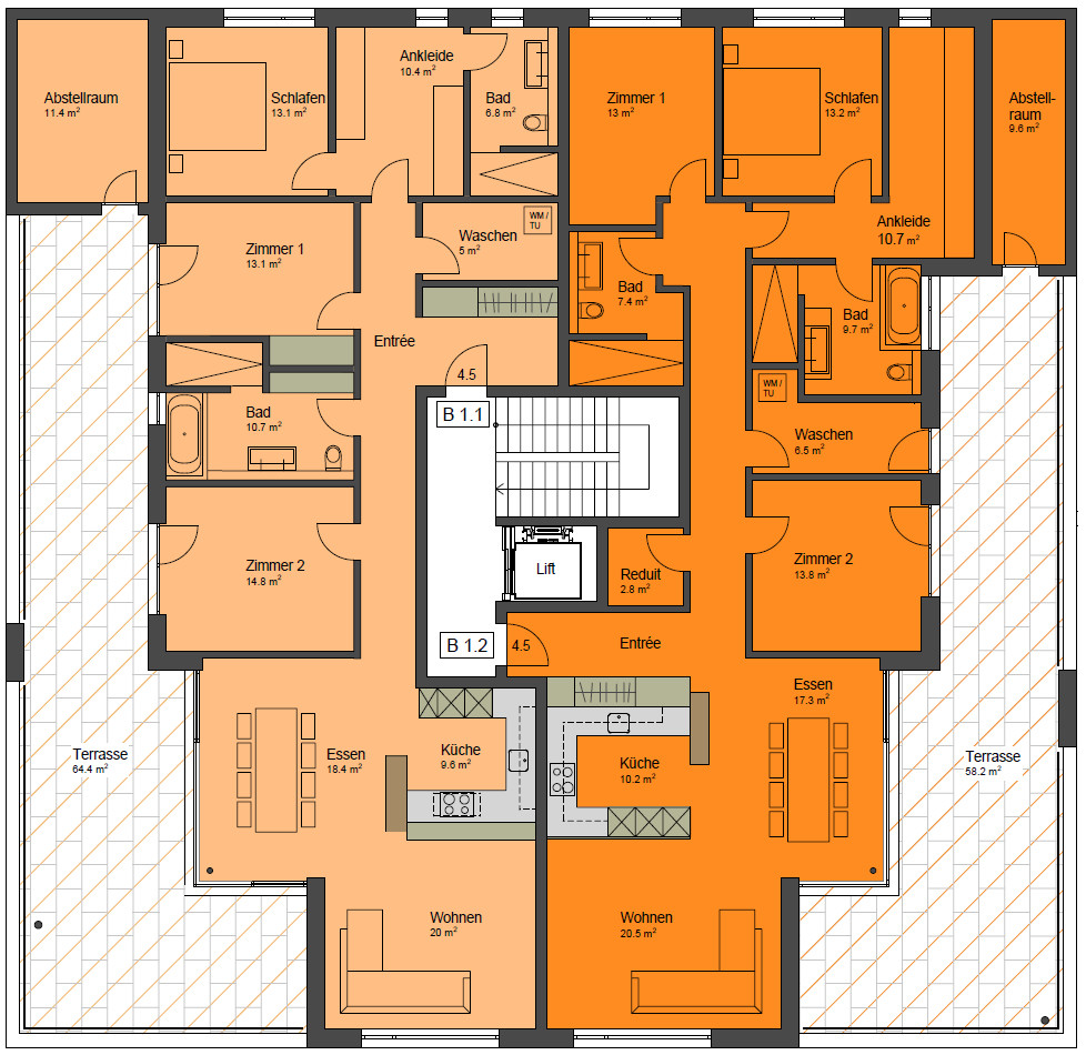 Haus B 1. OG Übersicht WHG B 1.1; WHG 1.2 Haus B 1. OG Übersicht WHG B 1.1; WHG 1.2
