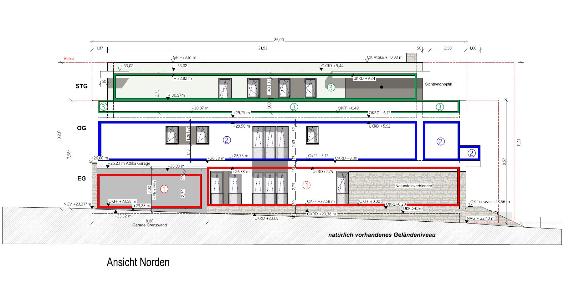 ELBGARTEN N° 3 – Ansicht Norden mit Erdgeschoss, Obergeschoss und Staffelgeschoss