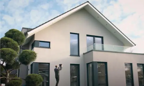 Un homme photographie sa maison pour une évaluation immobilière