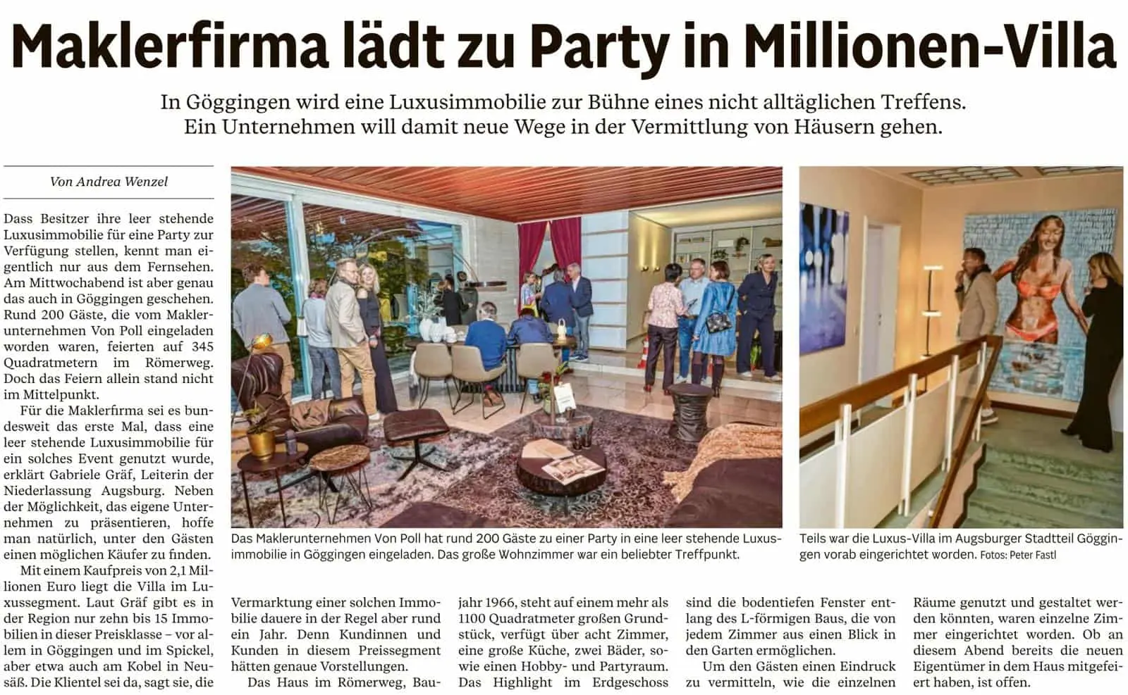 Informe periodístico: VON POLL Immobilien Augsburg le invita a una fiesta en una villa millonaria