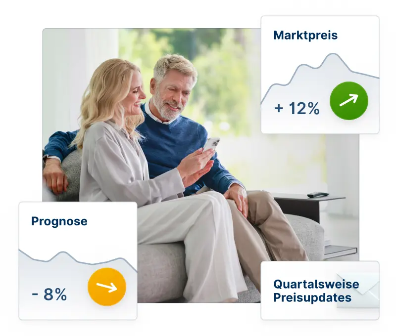 Glückliches Paar sitzt auf einer Couch und schaut sich interessiert auf einem Smartphone Immobilienmarktpreise und Prognosen an