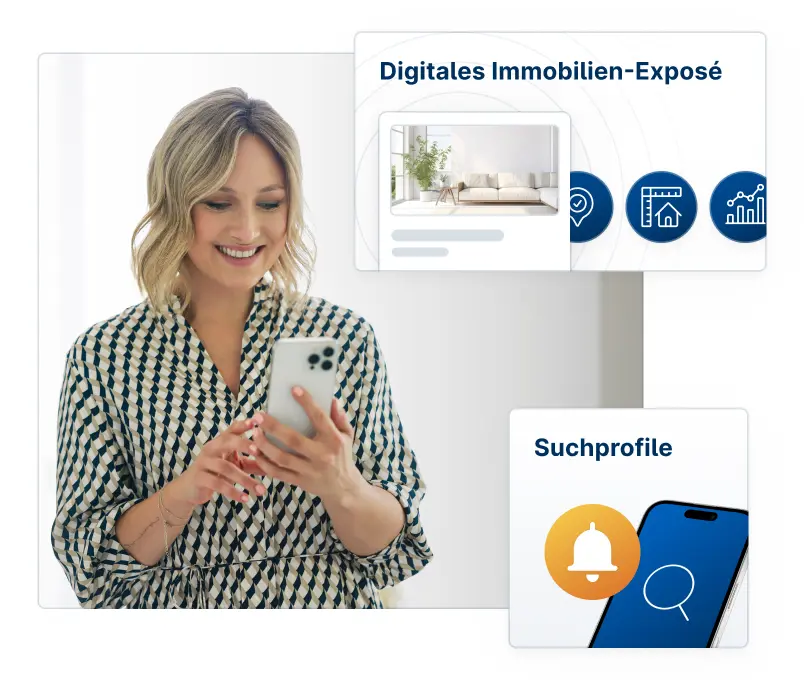 Begeisterte junge Frau schaut auf ihr Smartphone und entdeckt digitale Immobilien Exposes und Suchprofil-Funktion