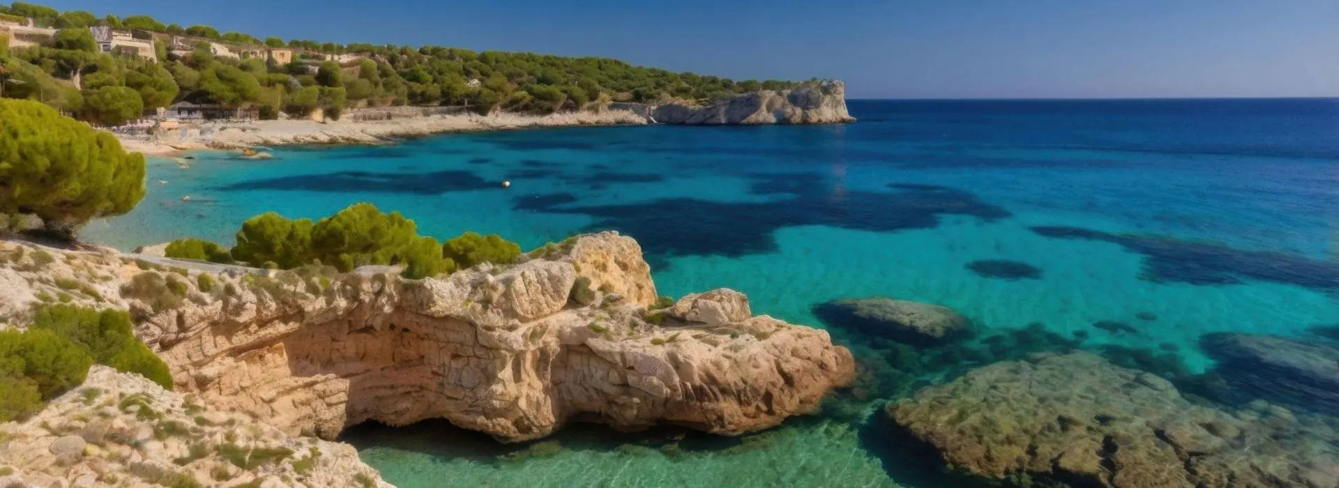 Ein atemberaubender Blick auf die Cala S'Almunia in Santanyí, Mallorca – mit kristallklarem, türkisfarbenem Wasser, schroffen Küstenklippen und einer bezaubernden mediterranen Kulisse