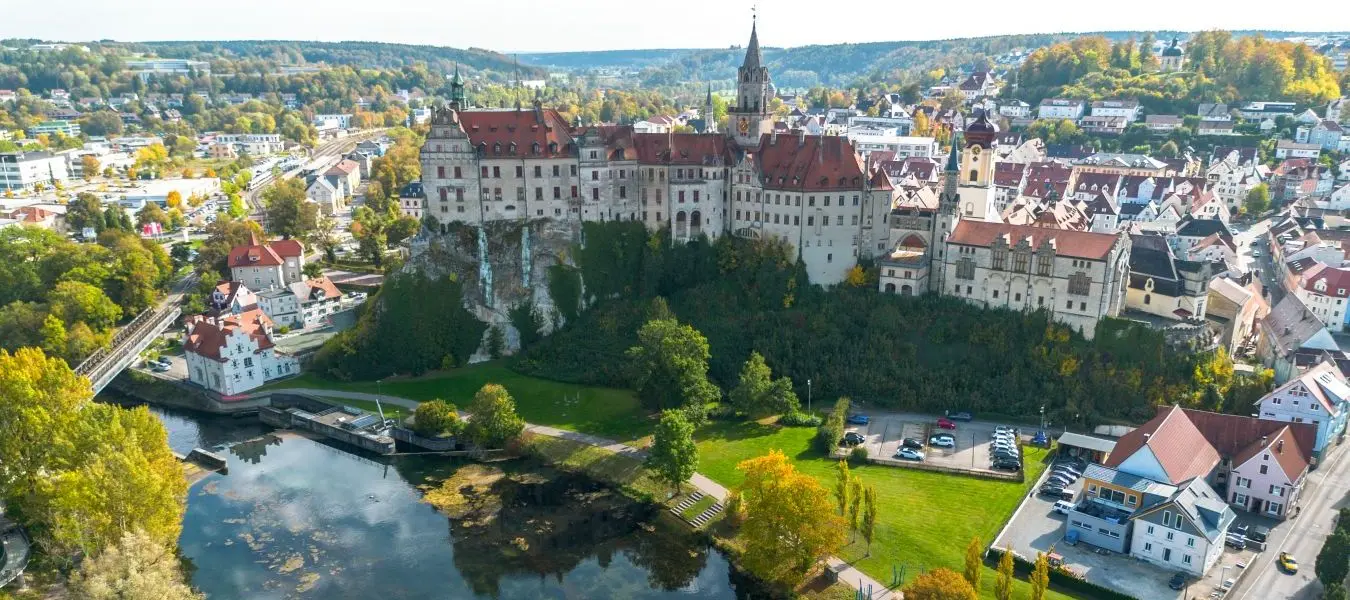 Aerial view of the Sigmaringen Castle on cliff Schwarzwald, Dynasty Hohenzollern, tourist attraction in Baden Wurttemberg, Germany