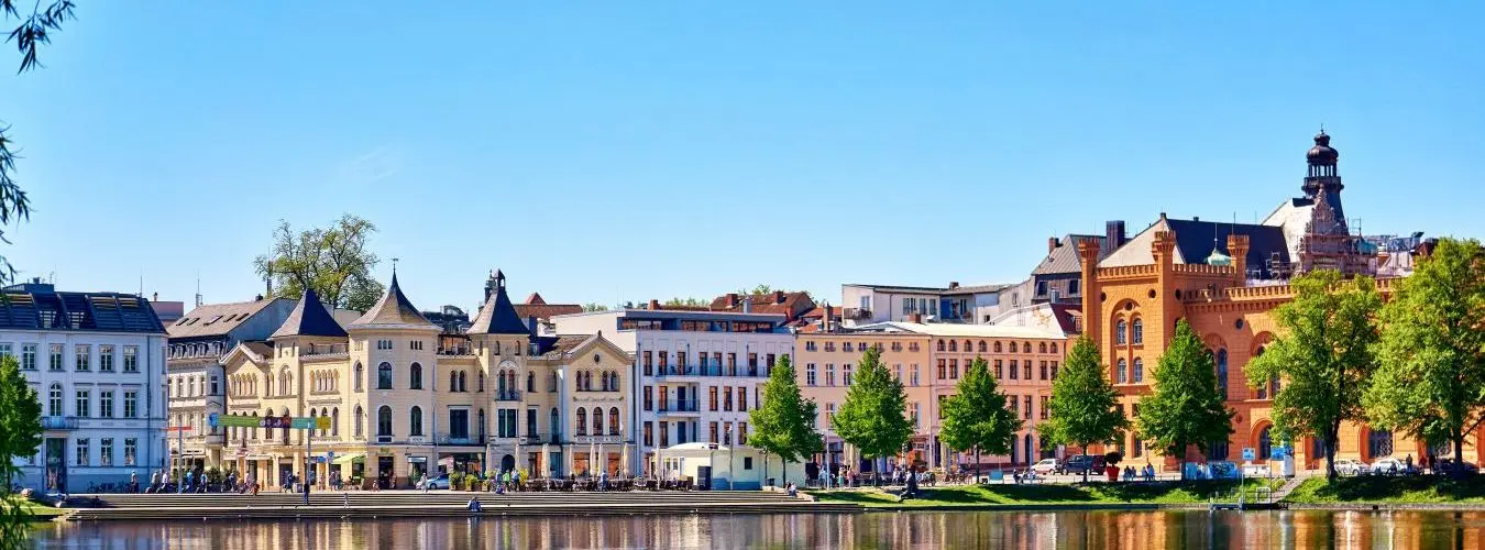Old town of Schwerin with historic houses on Pfaffenteich lake. Mecklenburg-Vorpommern, Germany