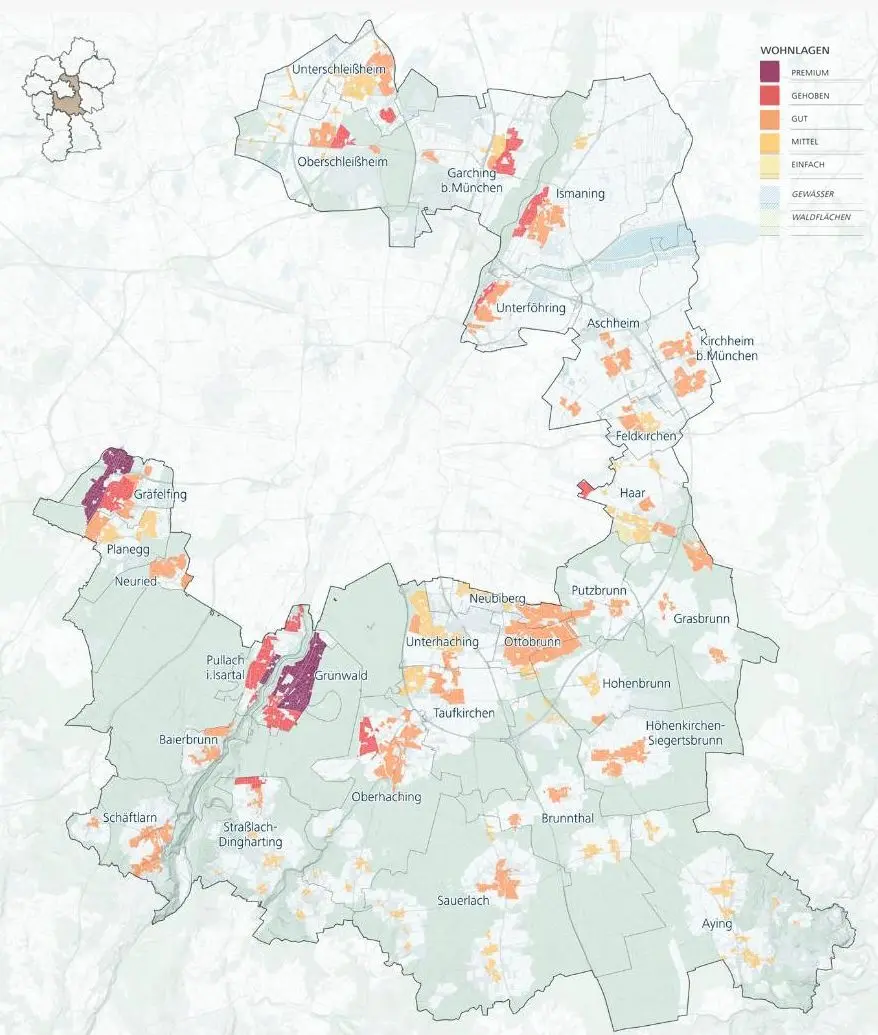 Mapa de zonas residenciais de Ismaning e arredores