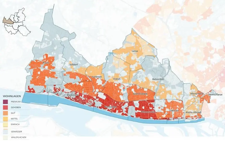 Mapa das zonas residenciais de Hamburgo – Subúrbios do Elba