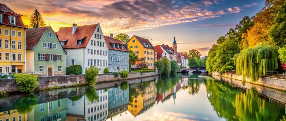 Minimalistische Augsburger Wertach-Flussszene: Ruhiges Wasser, Stadtspiegelung