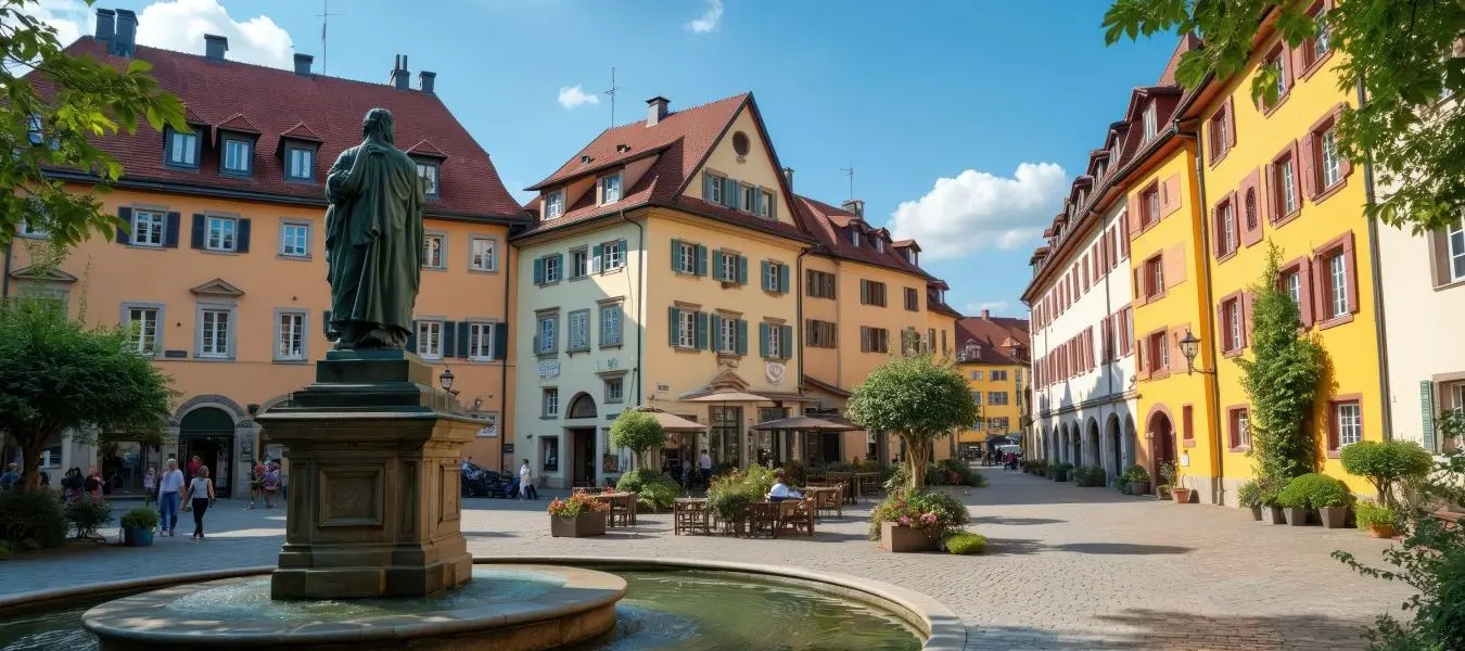 Sommeransicht von Eichstätt, Deutschland: Barockarchitektur mit farbenfrohen Gebäuden und zentralem Brunnen. Blauer Himmel mit Wolken. Historisches Stadtzentrum