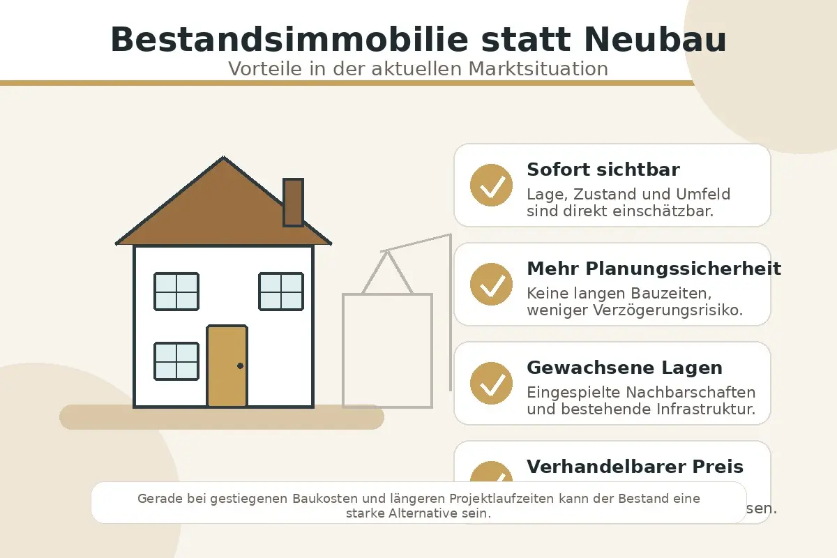 Infografik VON POLL IMMOBILIEN: Vorteile einer Bestandsimmobilie gegenüber Neubau – sofortige Verfügbarkeit, Planungssicherheit, etablierte Lage, Preis verhandelbar