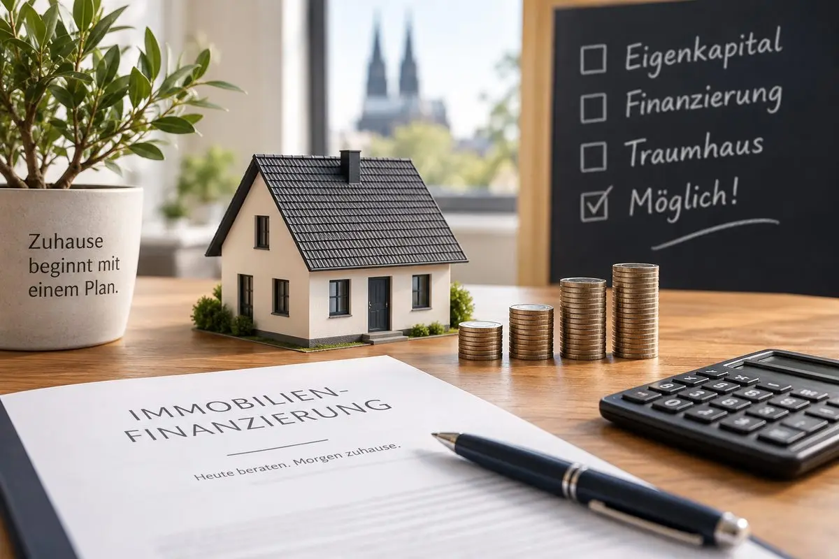Immobilienfinanzierung in Köln: Hausmodell, steigende Münzstapel, Taschenrechner und Finanzierungsunterlagen auf einem Schreibtisch, im Hintergrund der Kölner Dom und eine Checkliste „Eigenkapital, Finanzierung, Traumhaus – möglich!"
