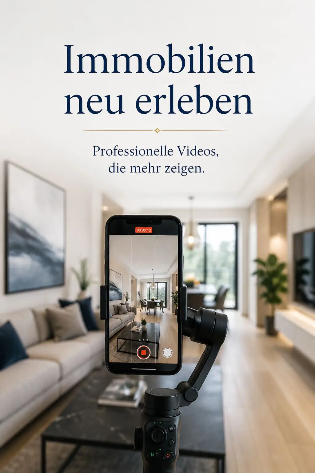 Smartphone auf Gimbal-Stabilisator filmt modernes Wohnzimmer – Immobilienvideo Produktion in Aachen
