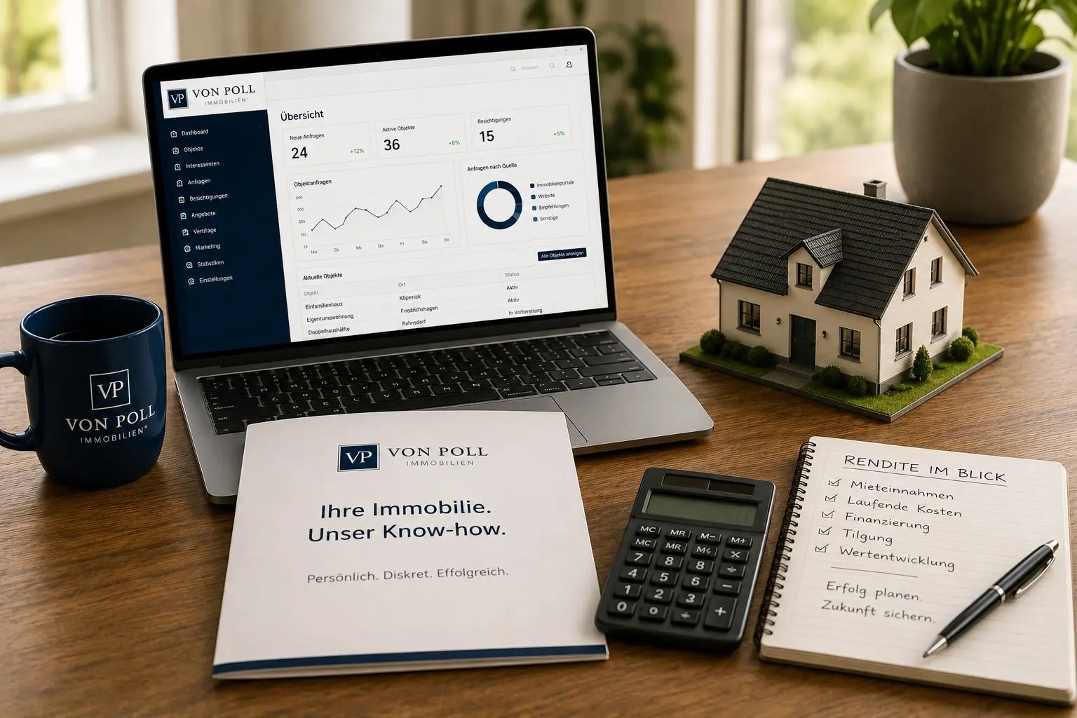 Moderner Schreibtisch mit Laptop, Modellhaus, Taschenrechner und Immobilienunterlagen – Symbolbild für Immobilien als Kapitalanlage und Renditeberechnung.