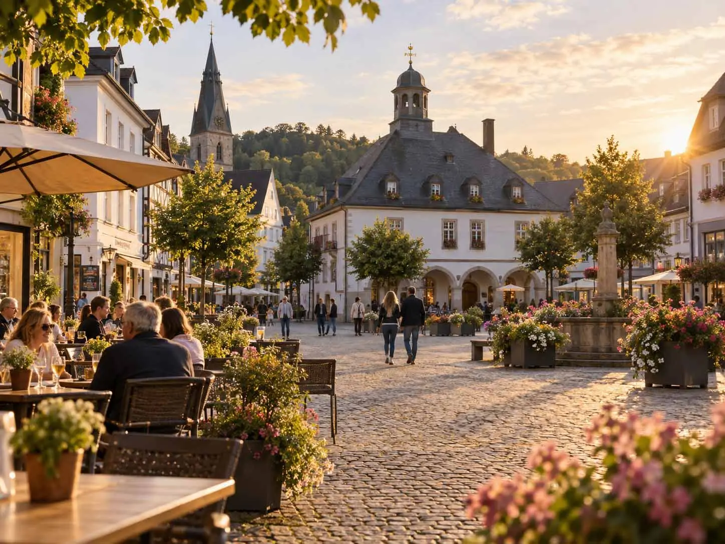 Menschen sitzen in Cafes und Restaurants in der Altstadt von Brilon