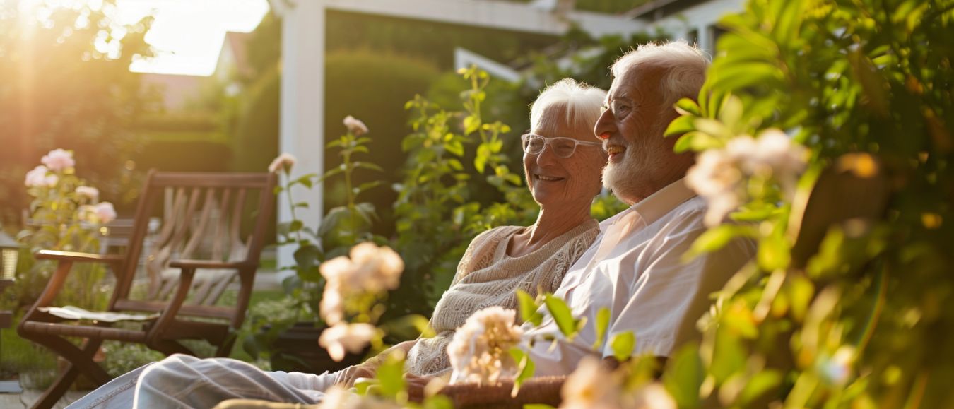Rentner Paar sitzt glücklich zusammen im Garten ihres Heims
