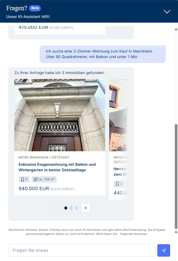 Ausschnitt aus Chatverlauf mit Chatbot VPIGPT: Immobiliensuche