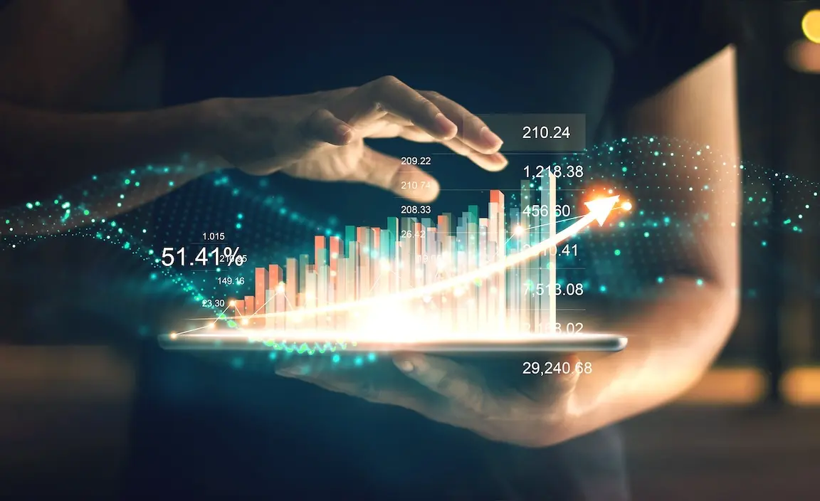 Hand hält Tablet mit leuchtendem 3D-Balkendiagramm, aufsteigendem Pfeil und Finanzkennzahlen – Symbolbild für Standortanalyse, Marktdaten und positive Immobilien-Wertentwicklung