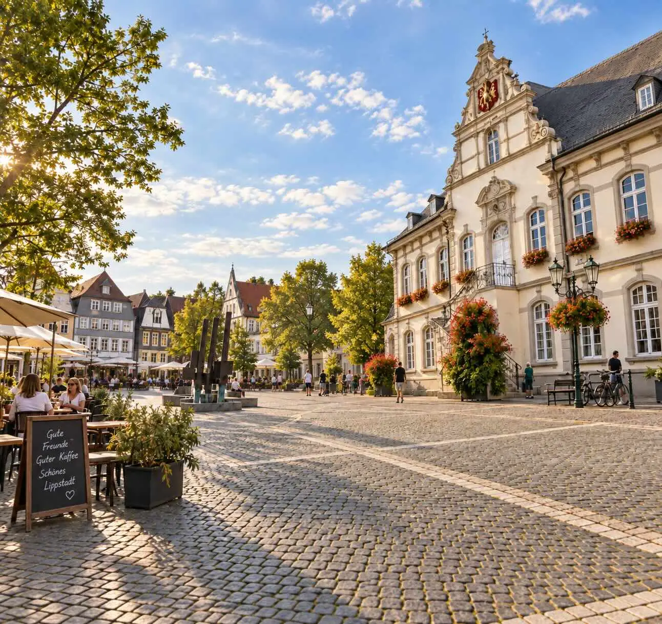 Historischer Marktplatz in Lippstadt mit Rathaus, Außengastronomie und Passanten bei Sonnenschein – lebendige Innenstadt und Immobilienstandort Lippstadt
