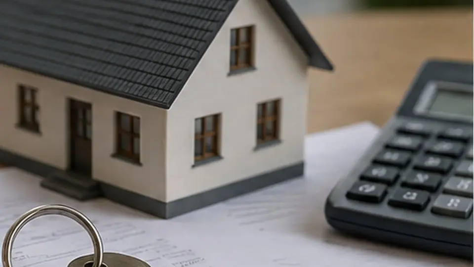 Modellhaus neben Taschenrechner, Schlüsselbund und Vertragsunterlagen – Symbolbild für den Immobilienverkauf mit laufender Finanzierung