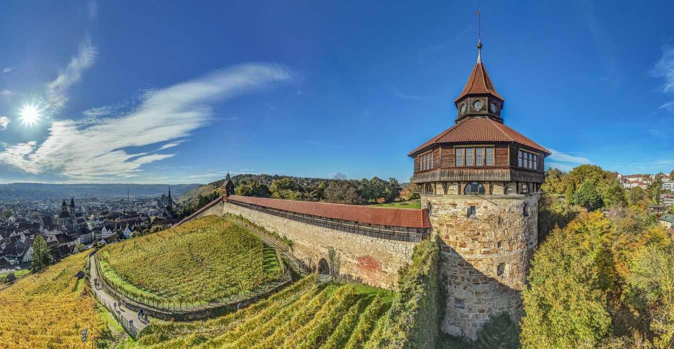 Burgturm in grüner Landschaft