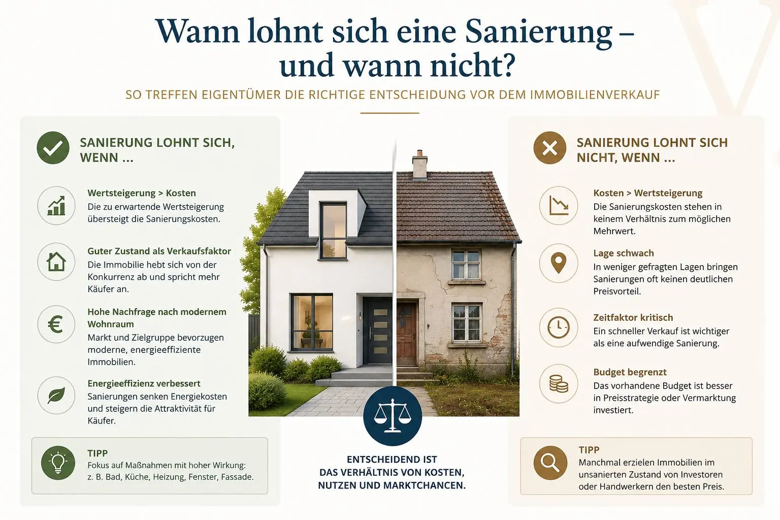 Eigentümer betrachtet Modernisierungspläne für sein Haus – Symbolbild für Sanierung vor dem Immobilienverkauf und Werterhalt einer Immobilie.