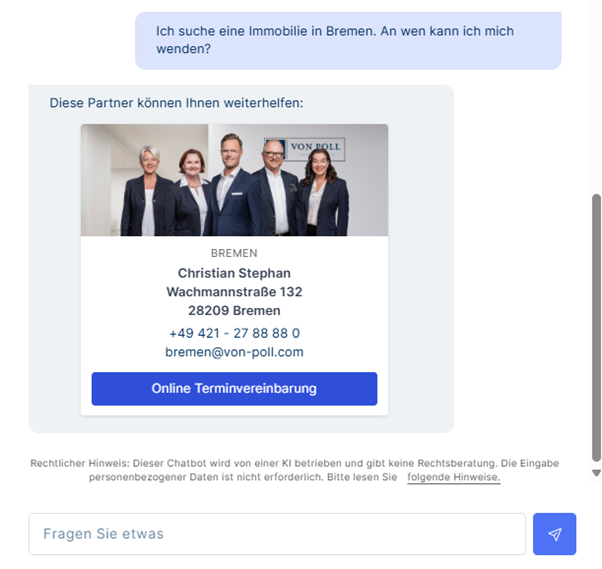 Ausschnitt aus Chatverlauf mit Chatbot VPIGPT: Suche nach Ansprechpartner