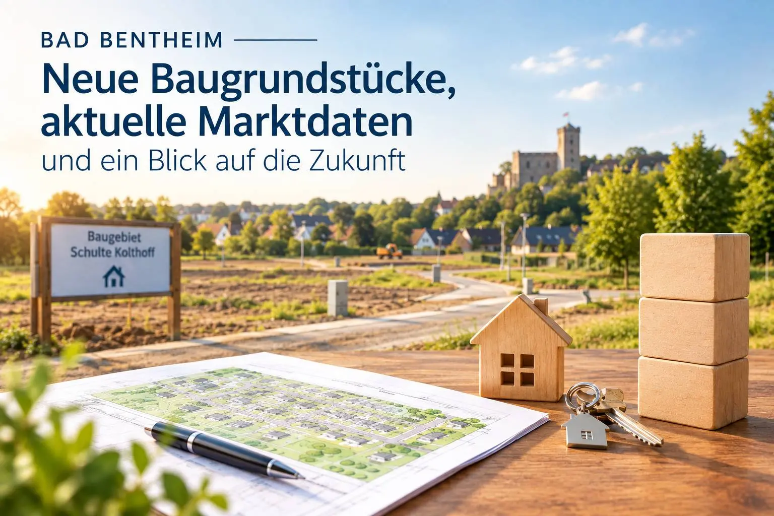 Baugebiet Schulte Kolthoff in Bad Bentheim: erschlossene Baugrundstücke mit Bebauungsplan, Hausmodell und Schlüsseln, im Hintergrund die Burg Bentheim