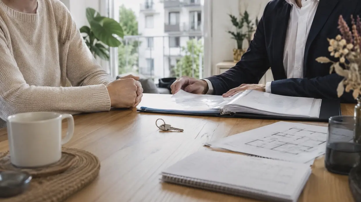 Eigentümer und Immobilienmaklerin am Holztisch besprechen die Unterlagen zum Verkauf einer vermieteten Immobilie – Ordner mit Dokumenten, Grundriss, Wohnungsschlüssel und Kaffeetasse