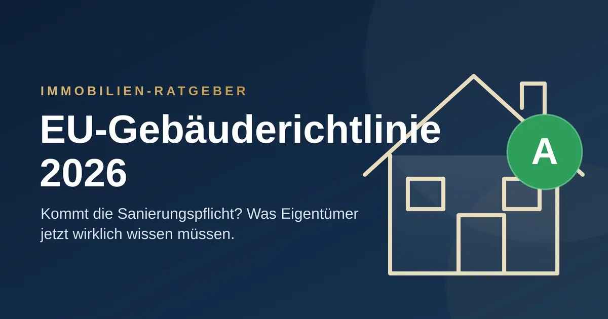 Modernes Einfamilienhaus mit grünem Energieeffizienz-A-Symbol – Titelbild zum Ratgeber über die EU-Gebäuderichtlinie 2026 in Viersen, Nettetal und Grefrath