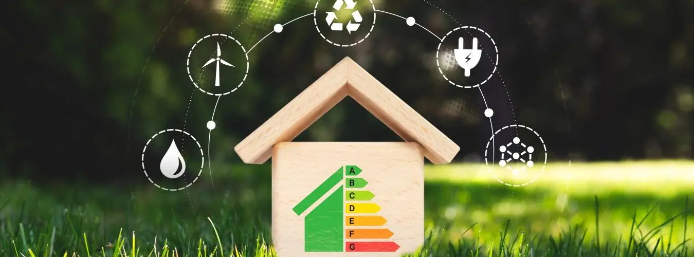 Modellhaus aus Holz mit den Energieeffizienzklassen auf einem grünen Rasen