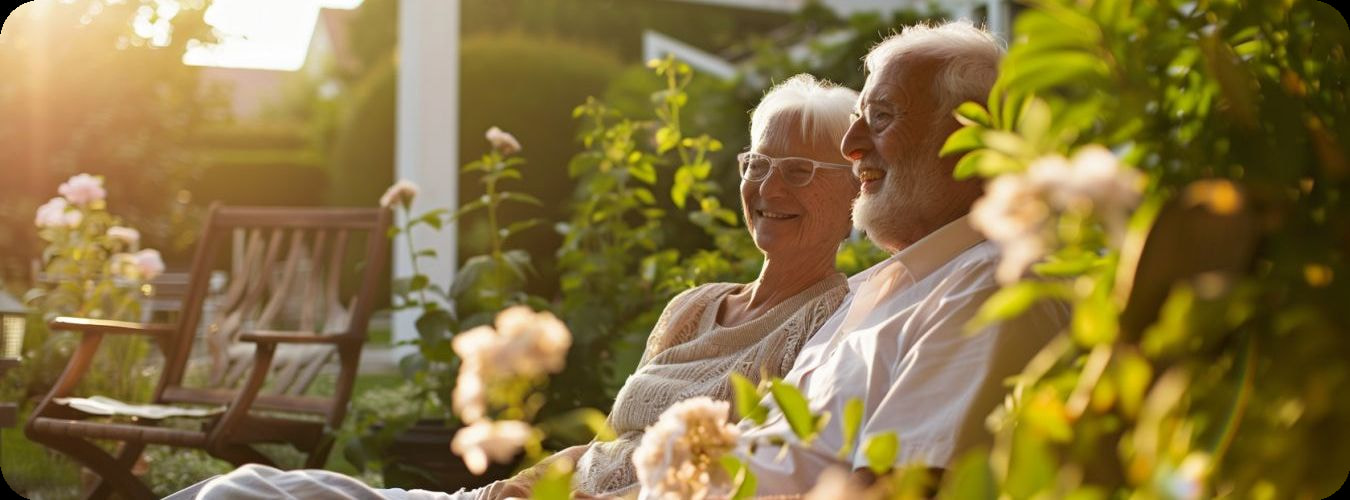 Betagtes Paar sitzt glücklich im Garten ihres Hauses