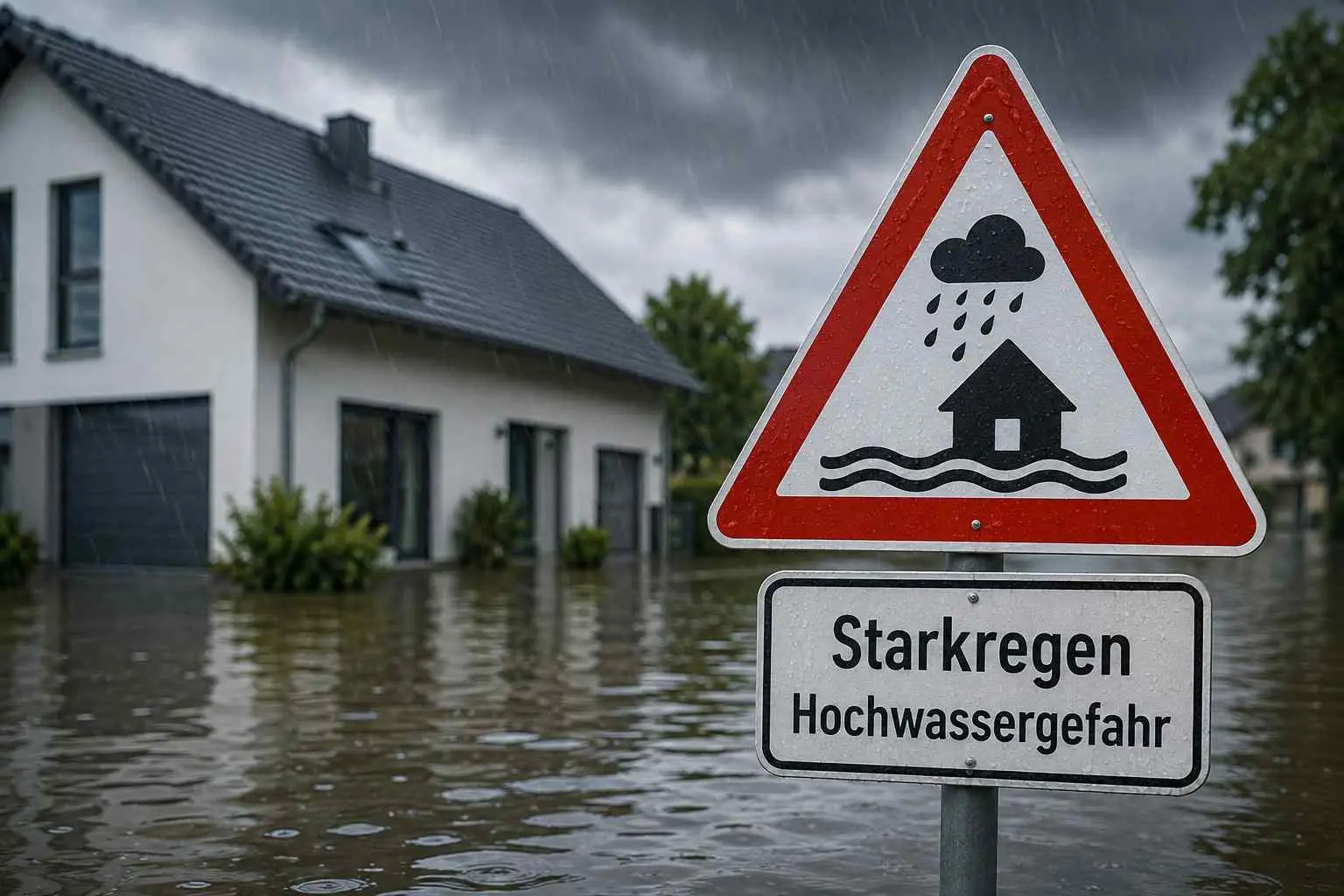 Wasser staut sich bei Starkregen vor einem Kellerfenster und einem tiefer liegenden Lichtschacht eines Wohnhauses