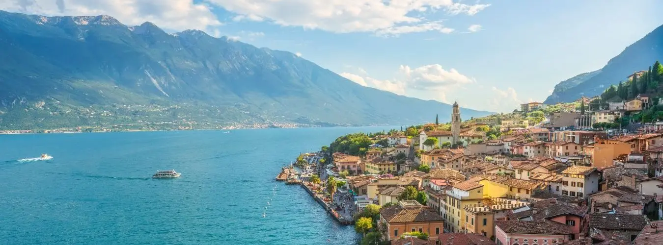 Aerial view of Limone sul Garda on the western shore of Lake Garda – real estate location on the Upper Lake Garda
