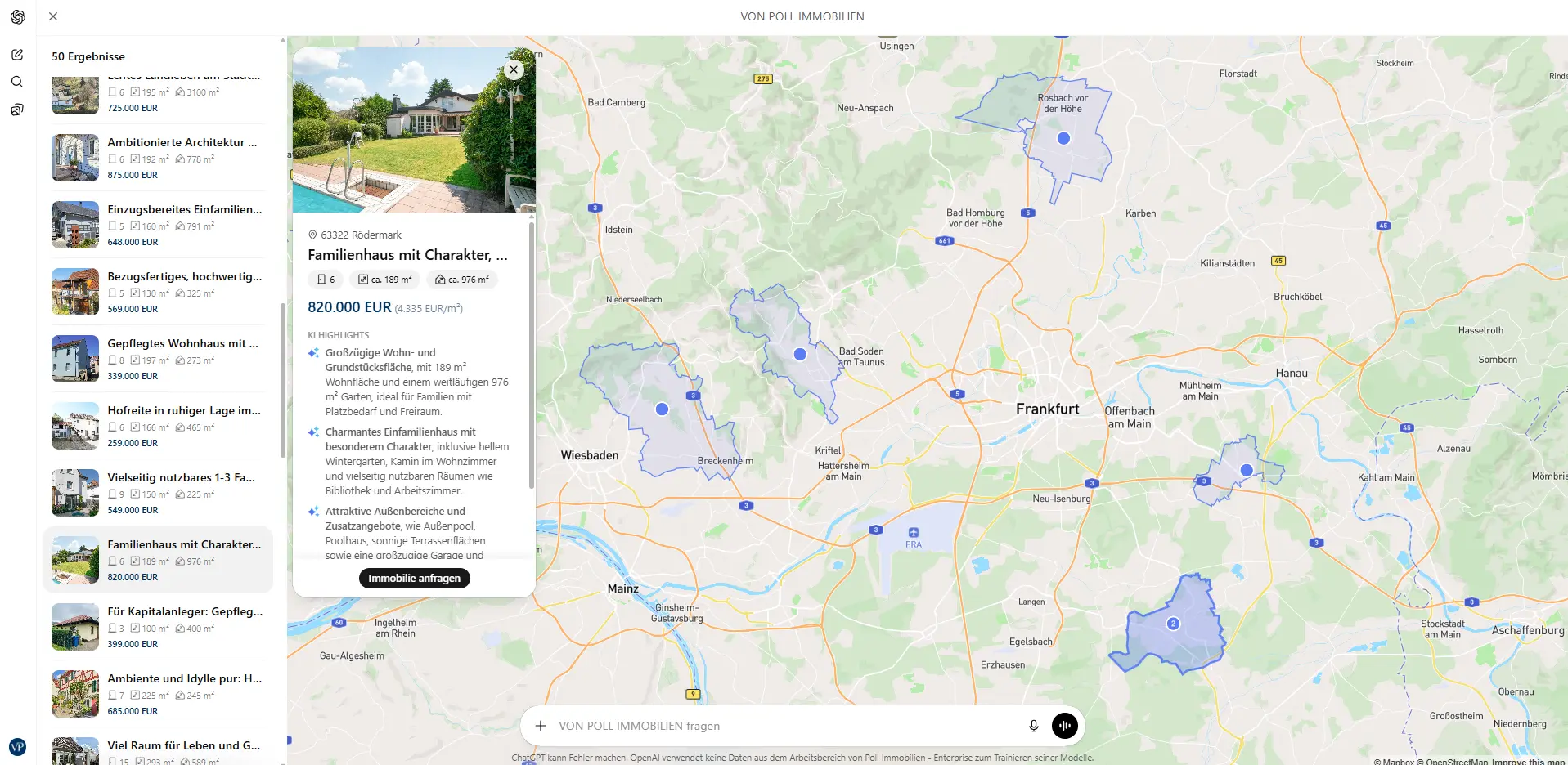 Kartenansicht der VON POLL IMMOBILIEN App in ChatGPT