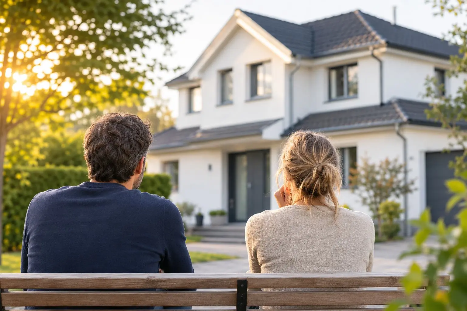 Ein Paar blickt nachdenklich auf ein Einfamilienhaus – Entscheidungen rund um die gemeinsame Immobilie nach einer Trennung oder Scheidung.