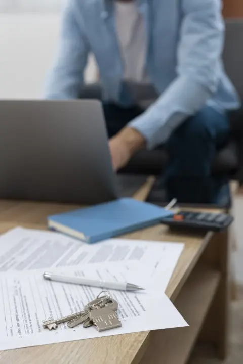 Συγγραφέας με φορητό υπολογιστή, σημειωματάριο και αριθμομηχανή