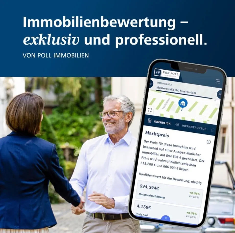 VON POLL IMMOBILIEN Dépliant sur l'évaluation immobilière : L'agent immobilier reçoit un homme âgé