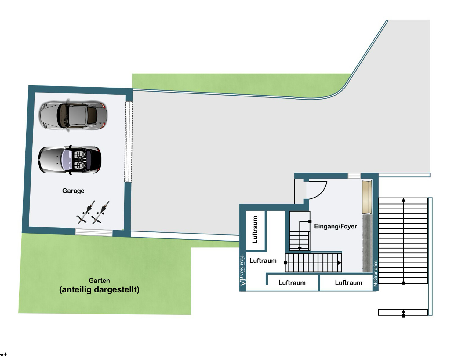 Hofeinfahrt mit Doppelgarage, Hauseingang, Erdgeschoss/Foyer