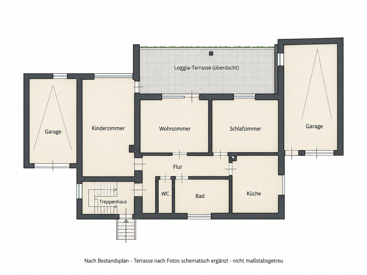 Grundriss Erdgeschoss mit Loggia-Terrasse – historischer Plan