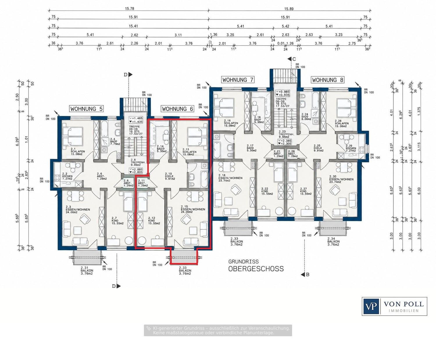 Rote Markierung zeigt die entsprechende Wohnung