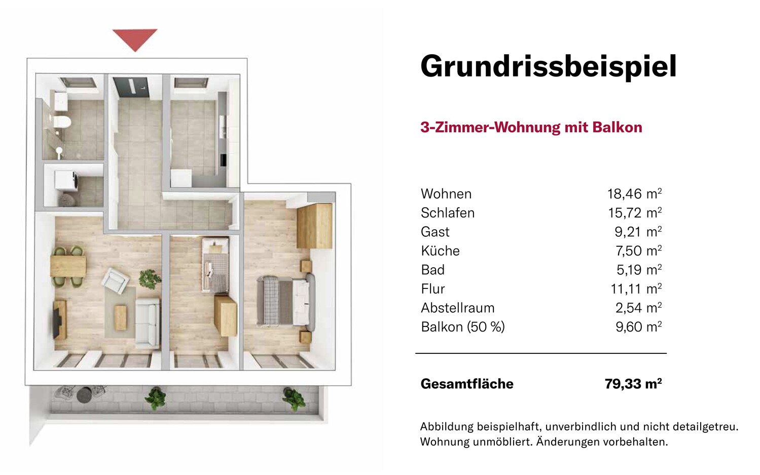 Grundrissbeispiel 3-Zimmer Wohnung mit Balkon