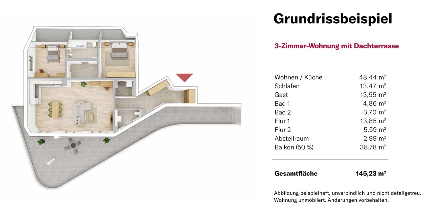 Grundrissbeispiel 3-Zimmer Wohnung mit Dachterrasse