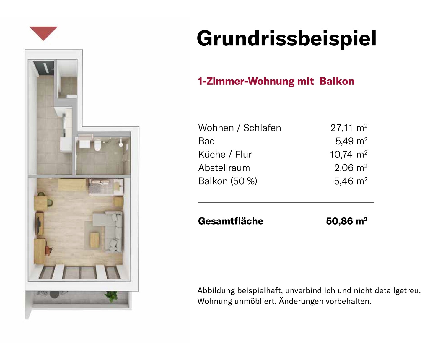 Grundrissbeispiel 1-Zimmer Wohnung mit Balkon 51 m²