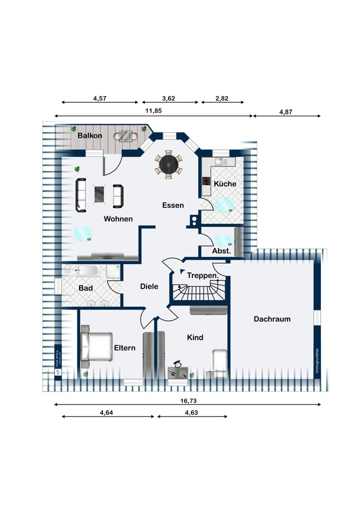 Großzügige Dachgeschosswohnung mit überdachtem Balkon, Einbauküche und Garage