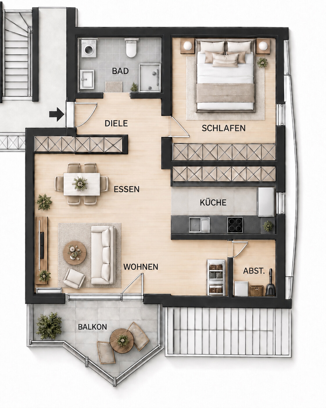 Großzügige 2-Zimmer-Wohnung mit durchdachtem Grundriss, Stellplatz und Balkon