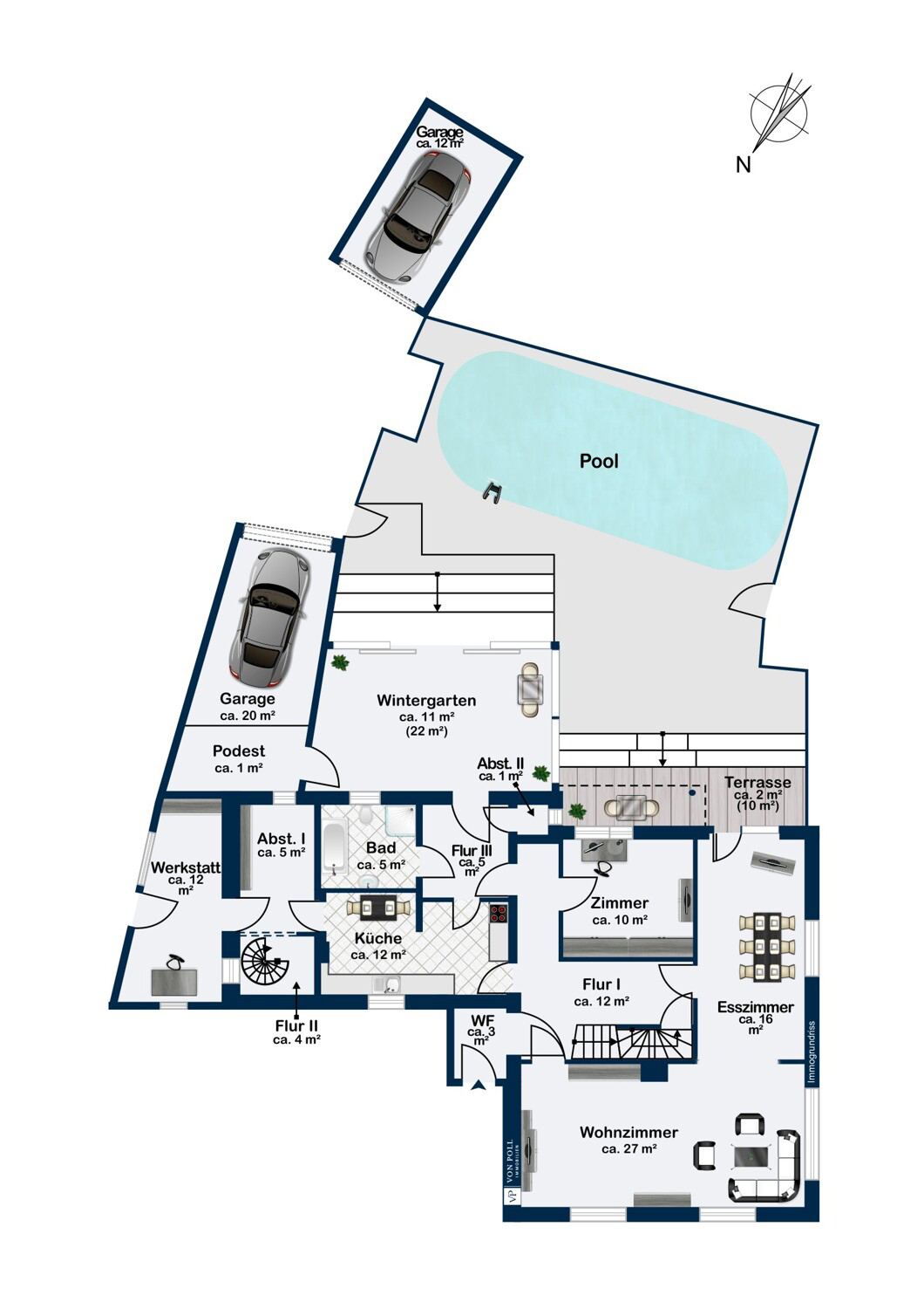 Großzügiges Familienhaus mit sonnigem Garten, Wintergarten, Außenpool und zwei Garagen