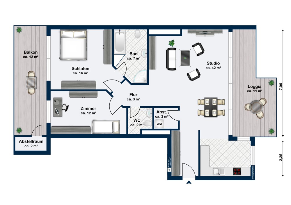 Grundriss Loggia gen Westen, Balkon gen Osten Grundriss Loggia gen Westen, Balkon gen Osten