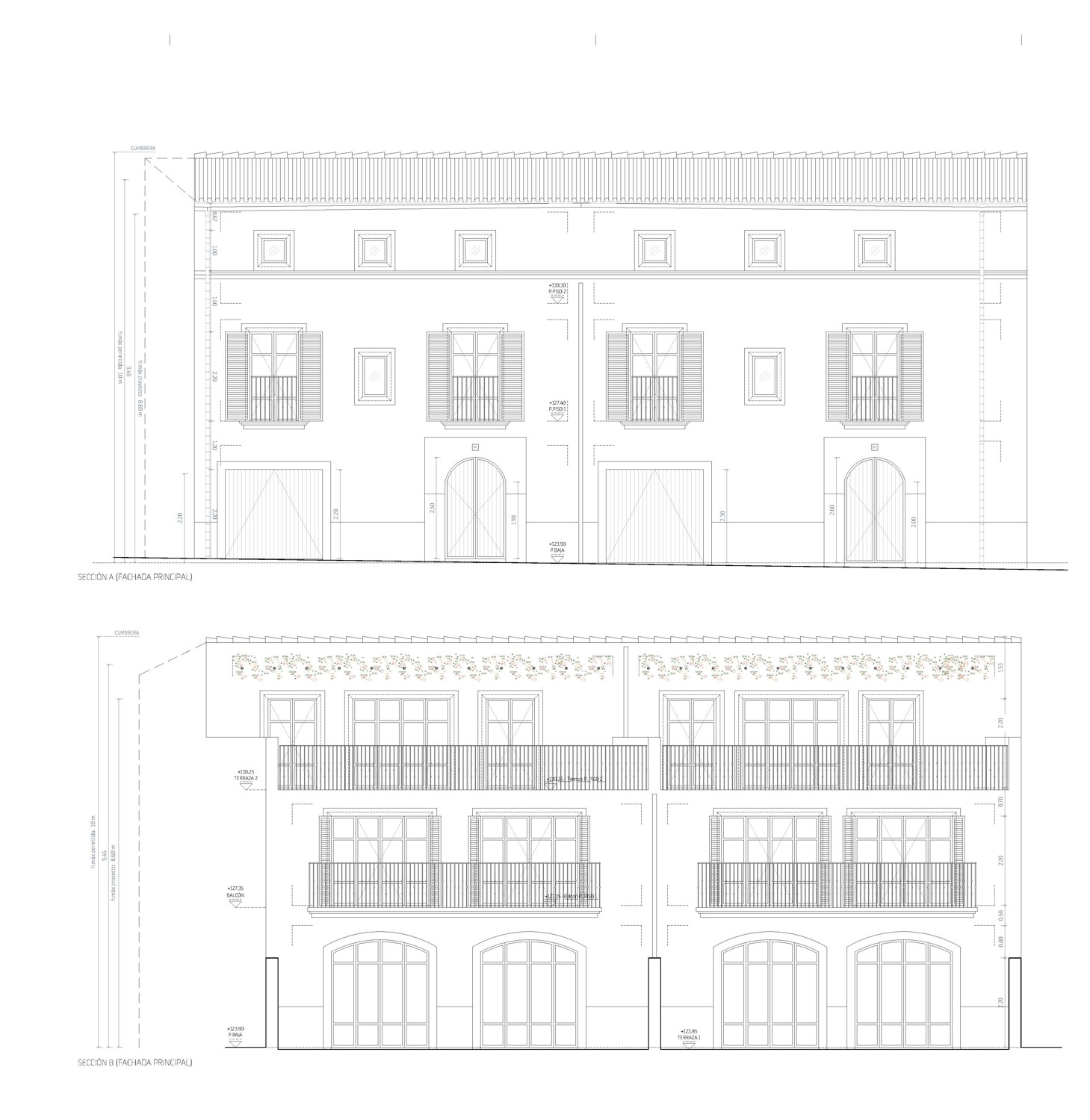 Main facade and rear facade