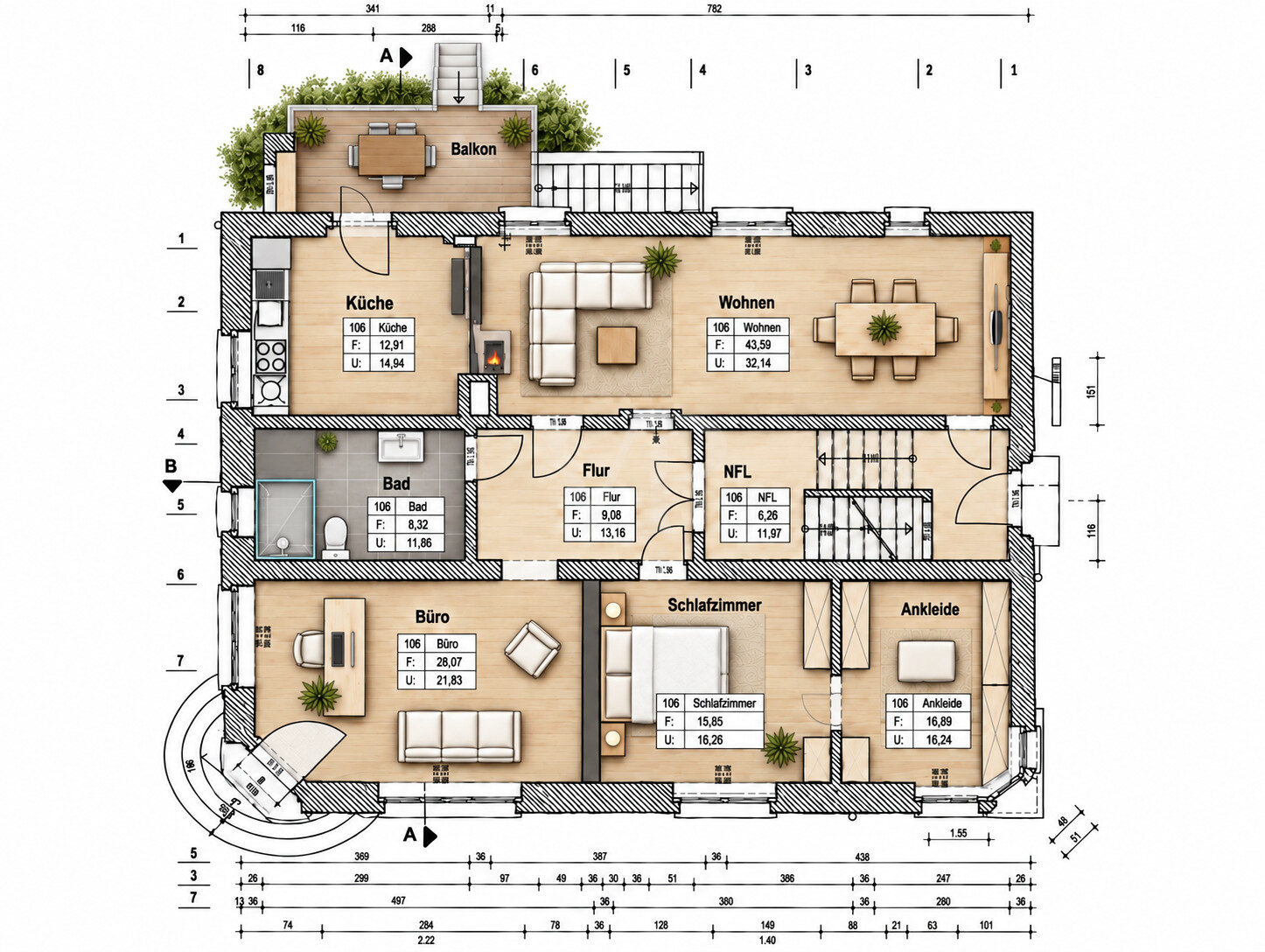 Architektonischer Grundriss mit Balkon und Einrichtung im Erdgeschoss